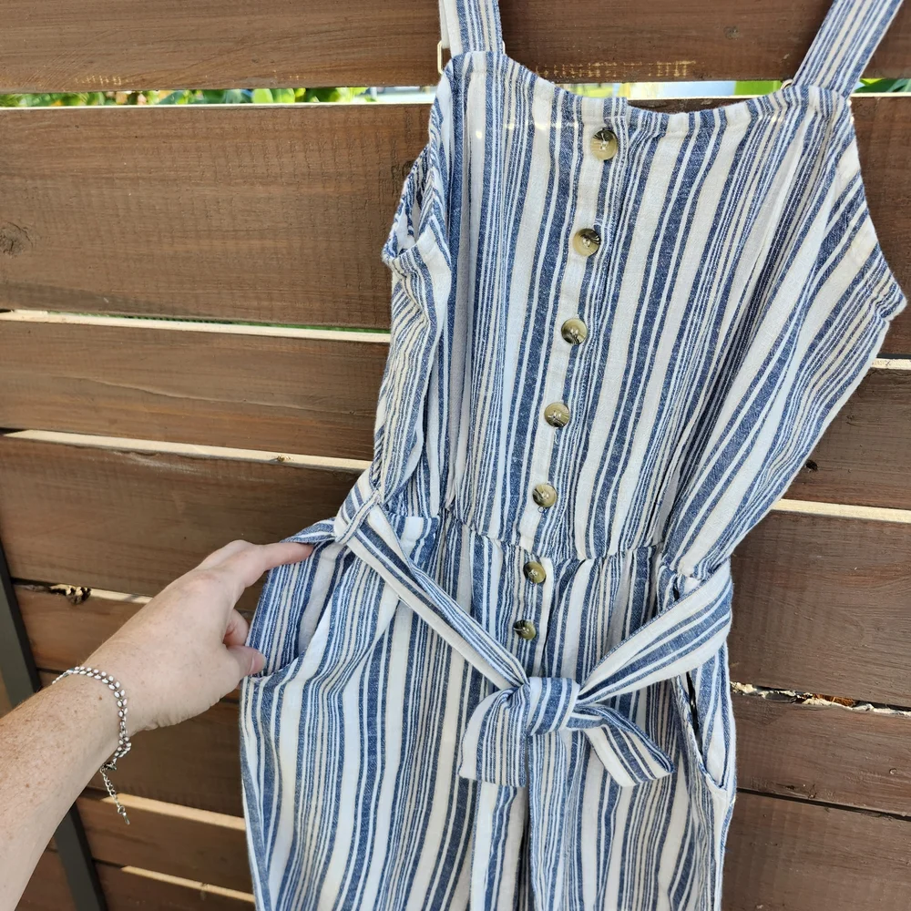 Deja Bleu Striped Blue and White‎ Jumpsuit Casual Summer Linen Blend Size Small